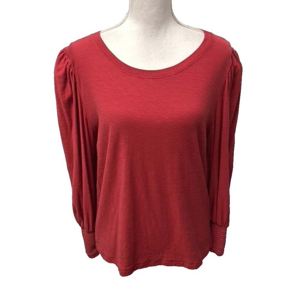 Nation Long Sleeve Tee Womens Large Puff Shoulder Round Neck Red Pima Cotton